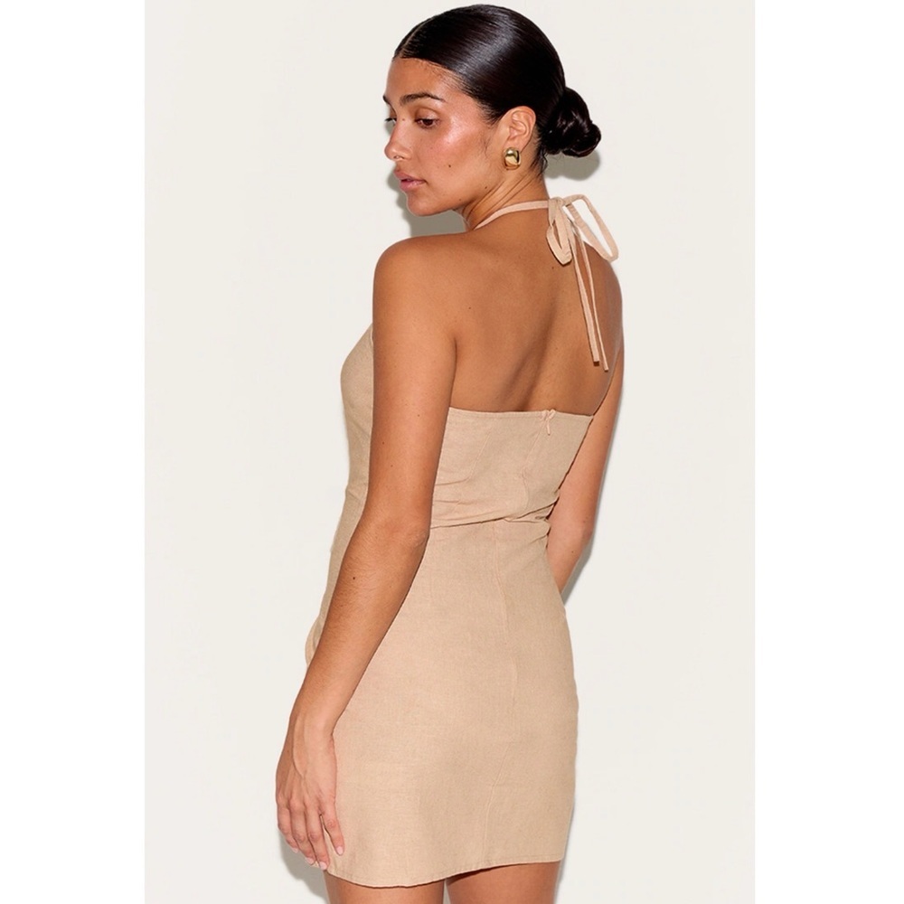 PrettyLittleThing Tan Linen Halter Mini Dress
